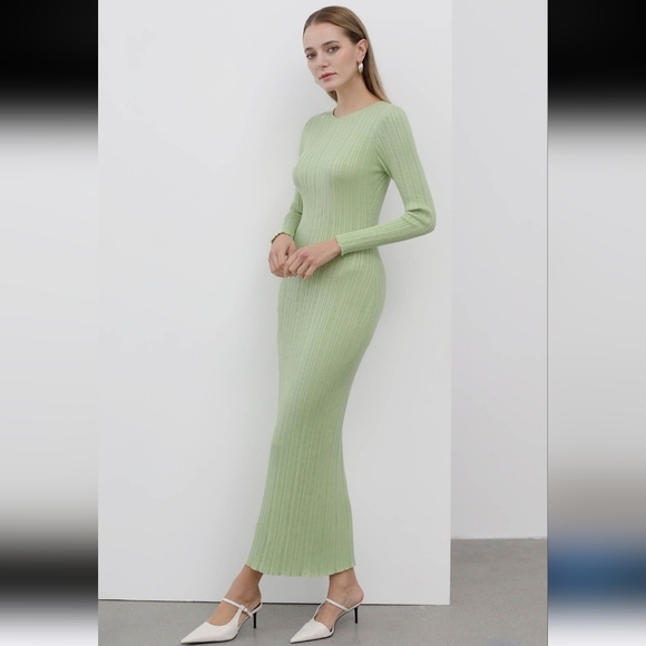 Commense Dresses & Skirts - Stripe Texture Fitted Knit Maxi Dress In Pistashio